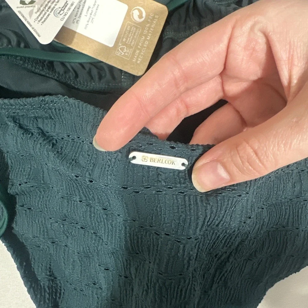 NWT $55 Berlook‎ [ Small ] Dark Green Textured Plunge One-Piece Swimsuit #7077